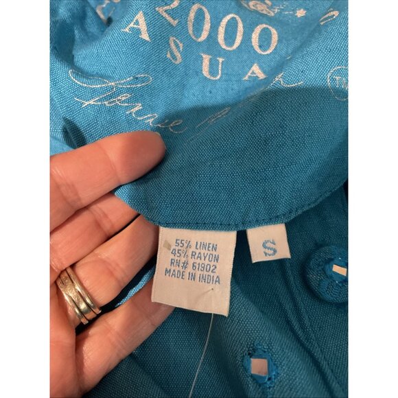 Vintage 90s Embellished Linen Blend Top Women's S Blue Sequins Fairy Artsy NOS - Picture 10 of 13